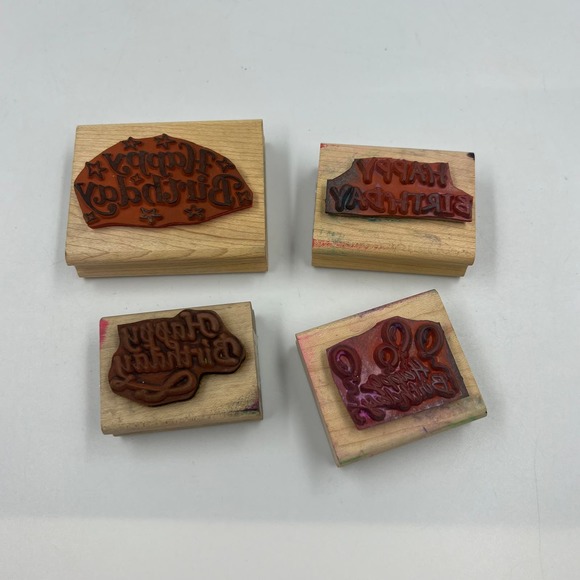 Vintage Rubber Stamp Lot 4 Happy Birthday Design Rubber Stampede Junk Journaling - Picture 2 of 6